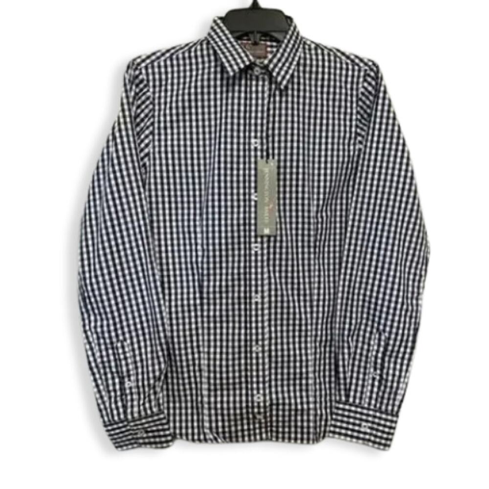 Pennington & Bailes Gingham Button Up Shirt Long Sleeve Collar Blue White S NWT